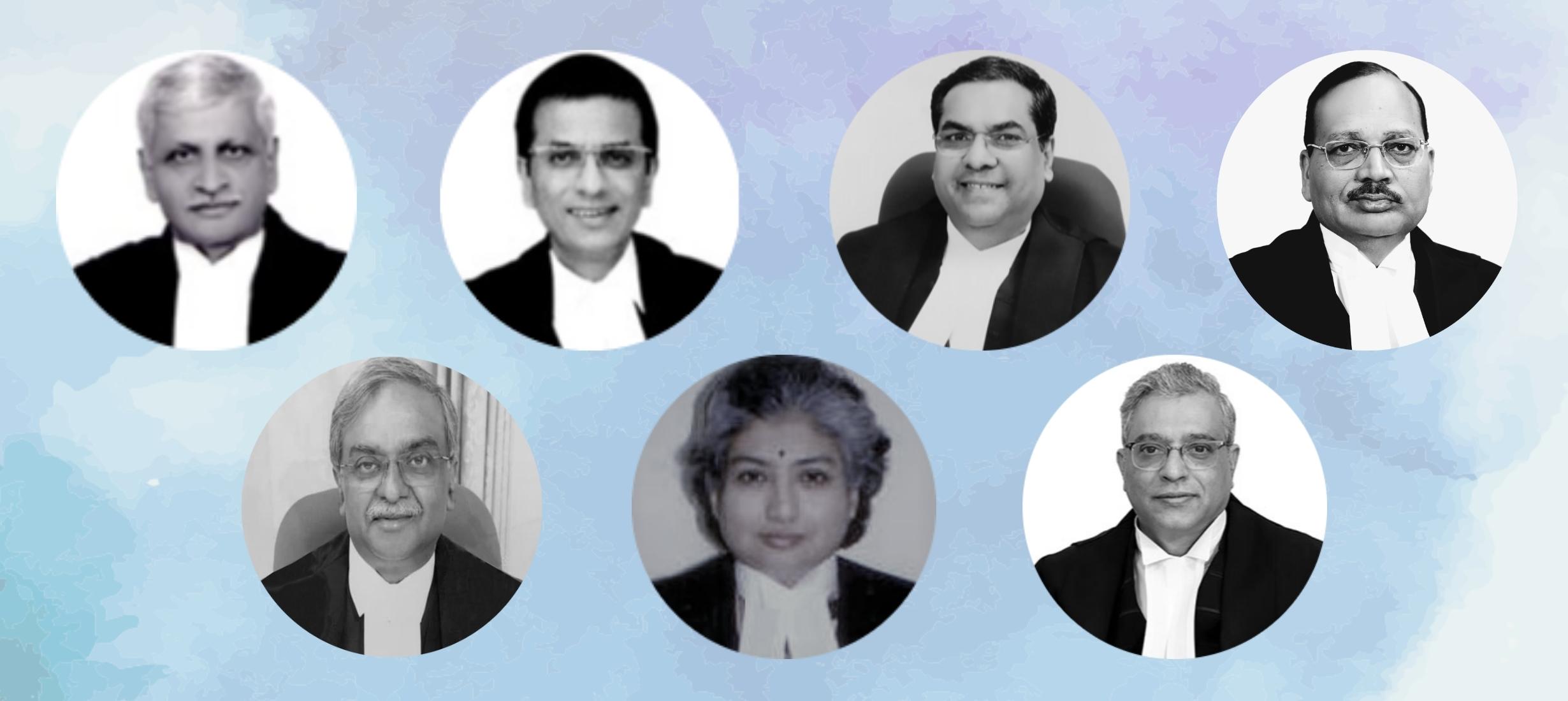 Banner with 7 circular cutouts containing the images of future Chief Justices of India in order: UU Lalit J, DY Chandrachud J, Sanjiv Khanna J, Surya Kant J, Vikram Nath J, BV Nagarathna J, PS Narasimha J