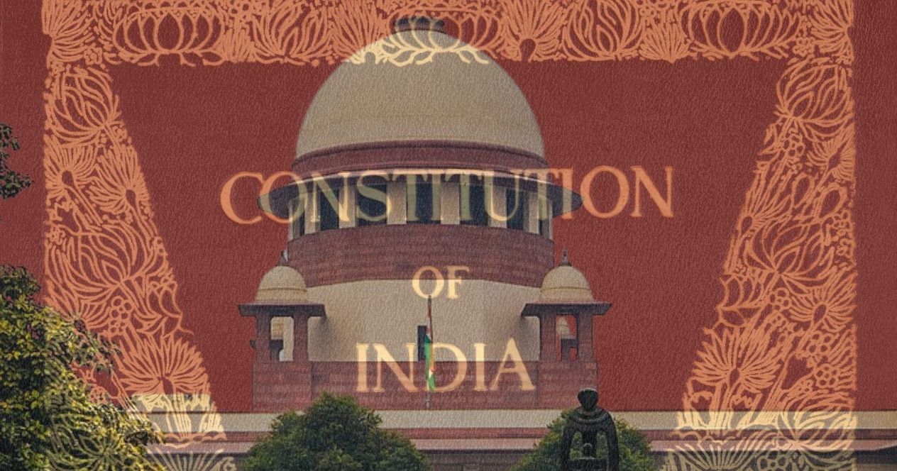 Image of the Supreme Court with a translucent version of the cover of the Constitution of India on top.